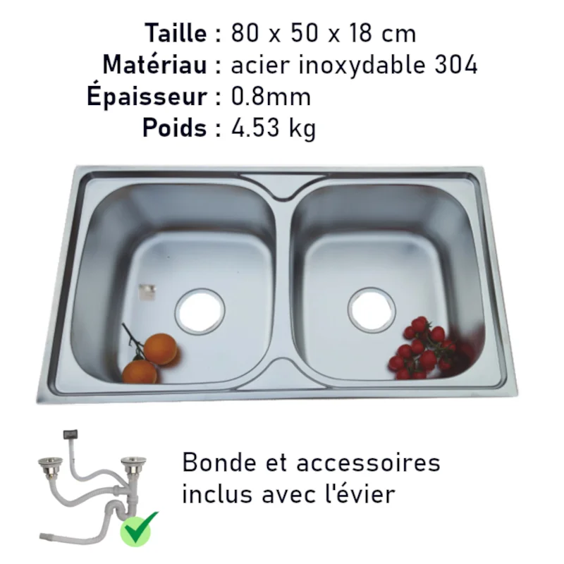 Lavello da cucina a 2 scomparti in acciaio inox 0,8mm-80x50x18