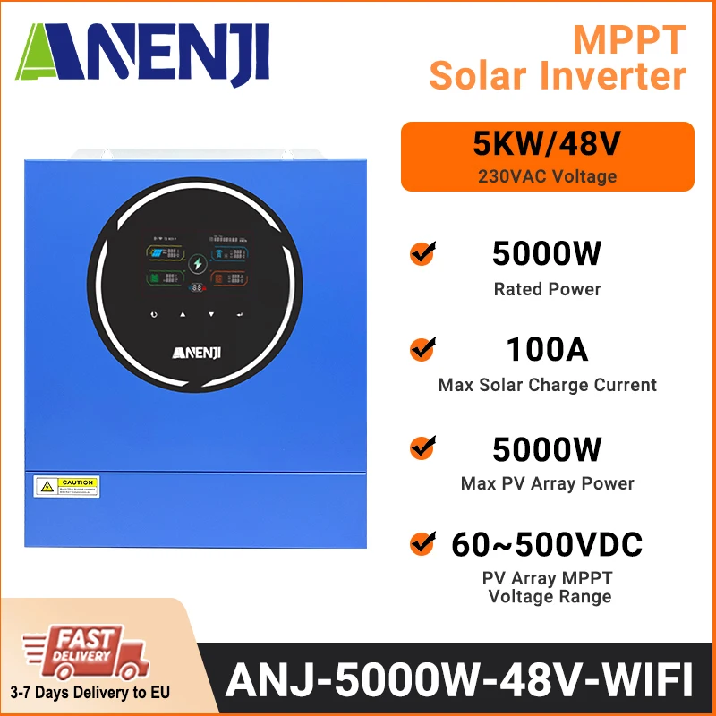 ANENJI 5KW 48V عاكس للطاقة الشمسية الهجين 220 فولت/230VAC MPPT 100A المدمج في WIFI العاكس المزدوج الناتج موجة جيبية نقية PV 500 فولت تشغيل/إيقاف الشبكة