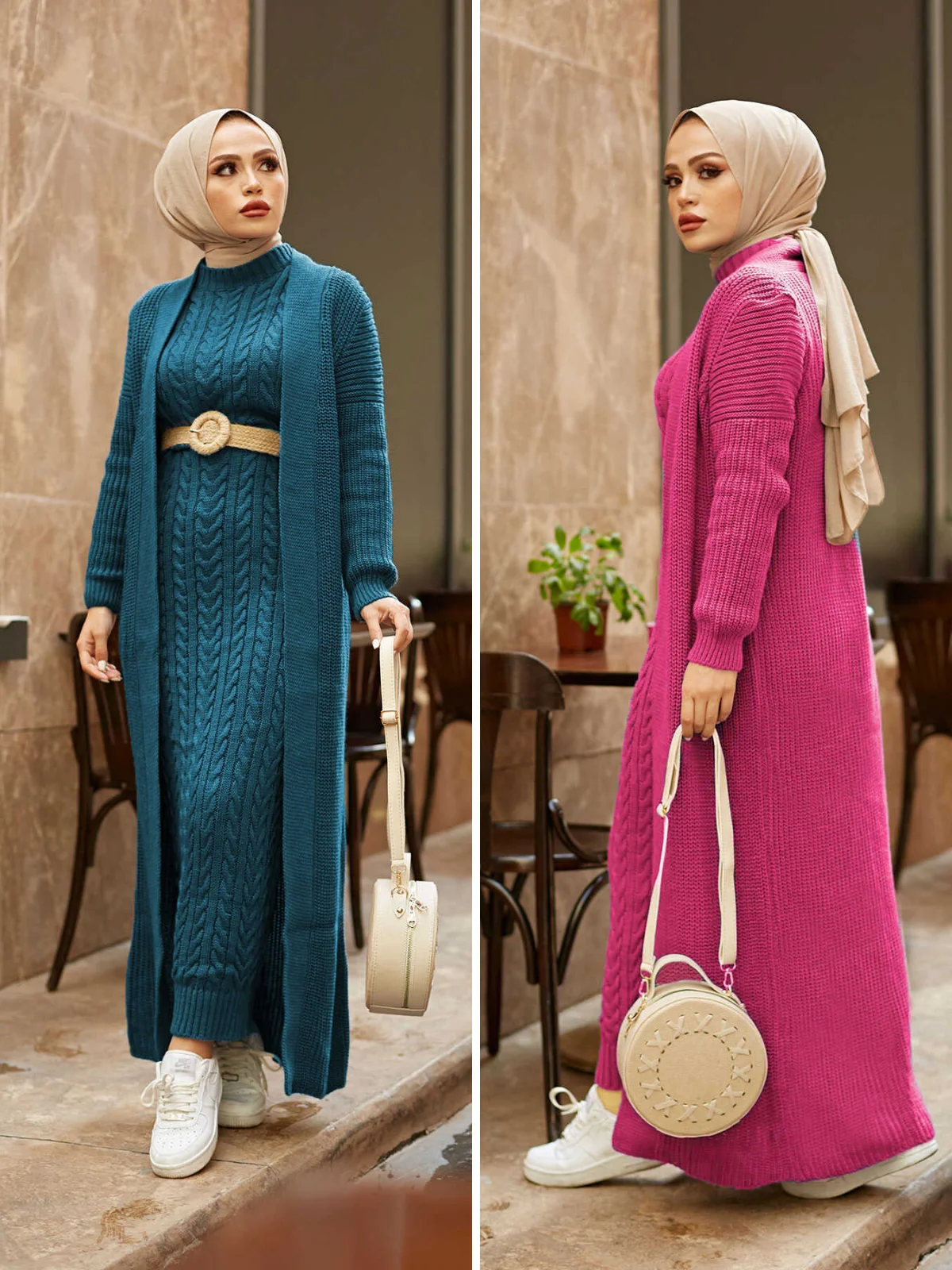 

Knitted Cardigan Hijab Suit Long Sleeve Dress Autumn Winter Women Muslim Fashion Hijab Clothing Stylish Suitable