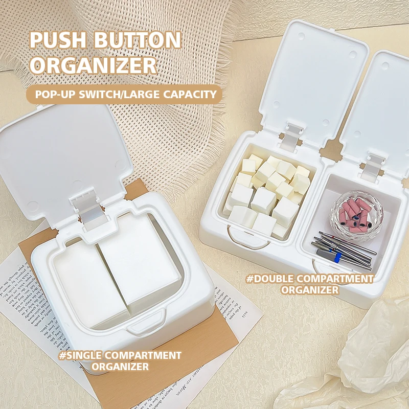 Caja organizadora de almacenamiento para estudio de uñas, caja de almacenamiento de escritorio, Mini hisopo de algodón emergente con tapa, plástico de algodón cosmético a prueba de polvo