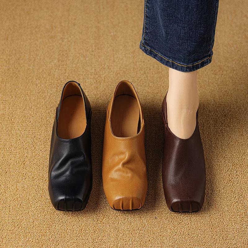 Women's Horsehide Square Toe Elevator Ballet Flats Flat Heel Height Increasing Ballerina Shoes Classic Design Retro Comfortable