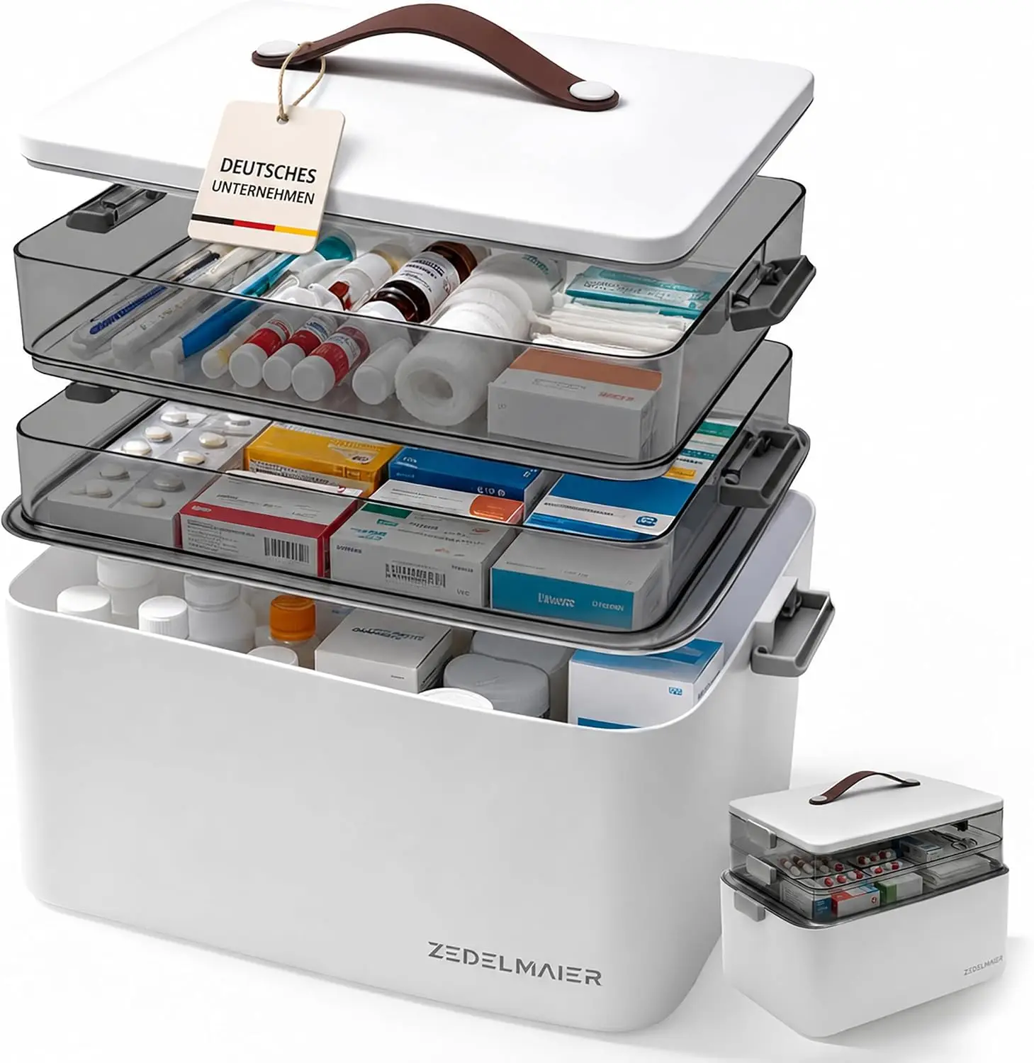 Zedelmaier Medikamentenbox 3-stöckig mit Tragegriff, Hausapotheke Medikamenten Organizer 37 × 23 × 27 cm mit Herausnehmbaren Fächern für Zuhause und Reise