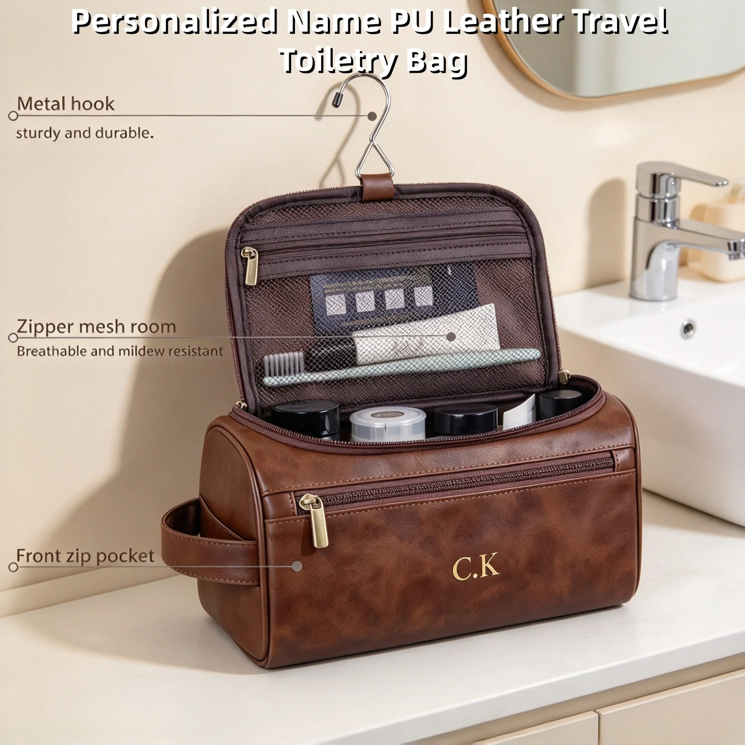 Customizable Name Leather Toiletry Bag for Men Women Dopp Kit Mens Hanging Toiletry Bag Travel Wash Bag Waterproof