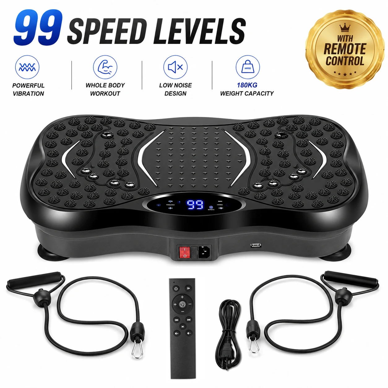 Vibrationsplatte mit Bluetooth-Lautsprecher, Ganzkörper-Vibrationsplattform, 99 Geschwindigkeitsstufen, Fernbedienung, Widerstandsbänder, Heimfitnessgerät