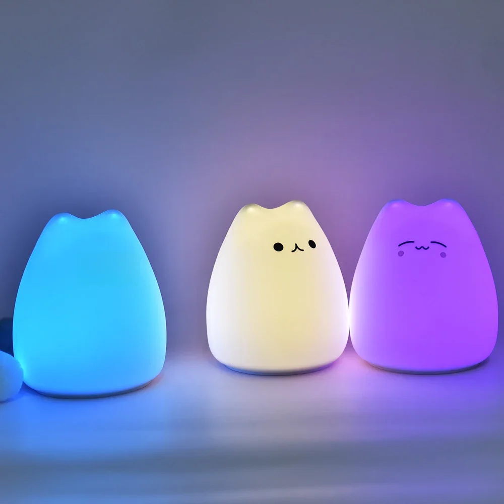 LED-Nachtlicht für Kinder, Babys und Kleinkinder, Weiches Silikon mit Berührungssensor, 7 Farben, Cartoon-Katzen-Schlaflampe, Heim- und Schlafzimmerdekoration