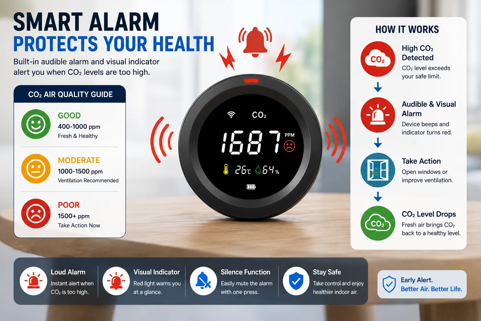 FABISENSE Intelligenter Kohlendioxiddetektor Multifunktionaler Tragbarer Temperatur- und Feuchtigkeitsmesser mit App-Alarm Luftqualitäts-CO2-Monitor – Detail 7