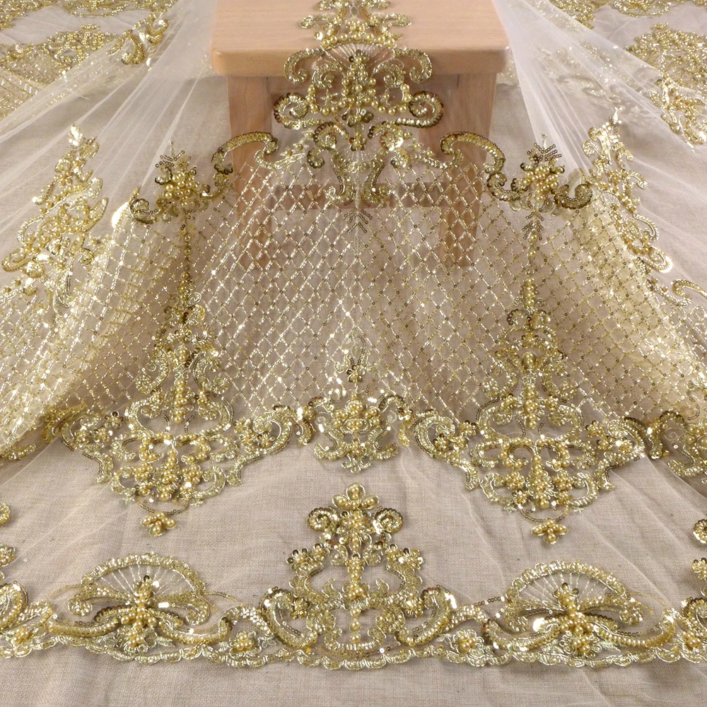 HelluyerDC gold net patter beading lace fabric,125cm width lace for fashion,wedding,evening,dance gown by the yard