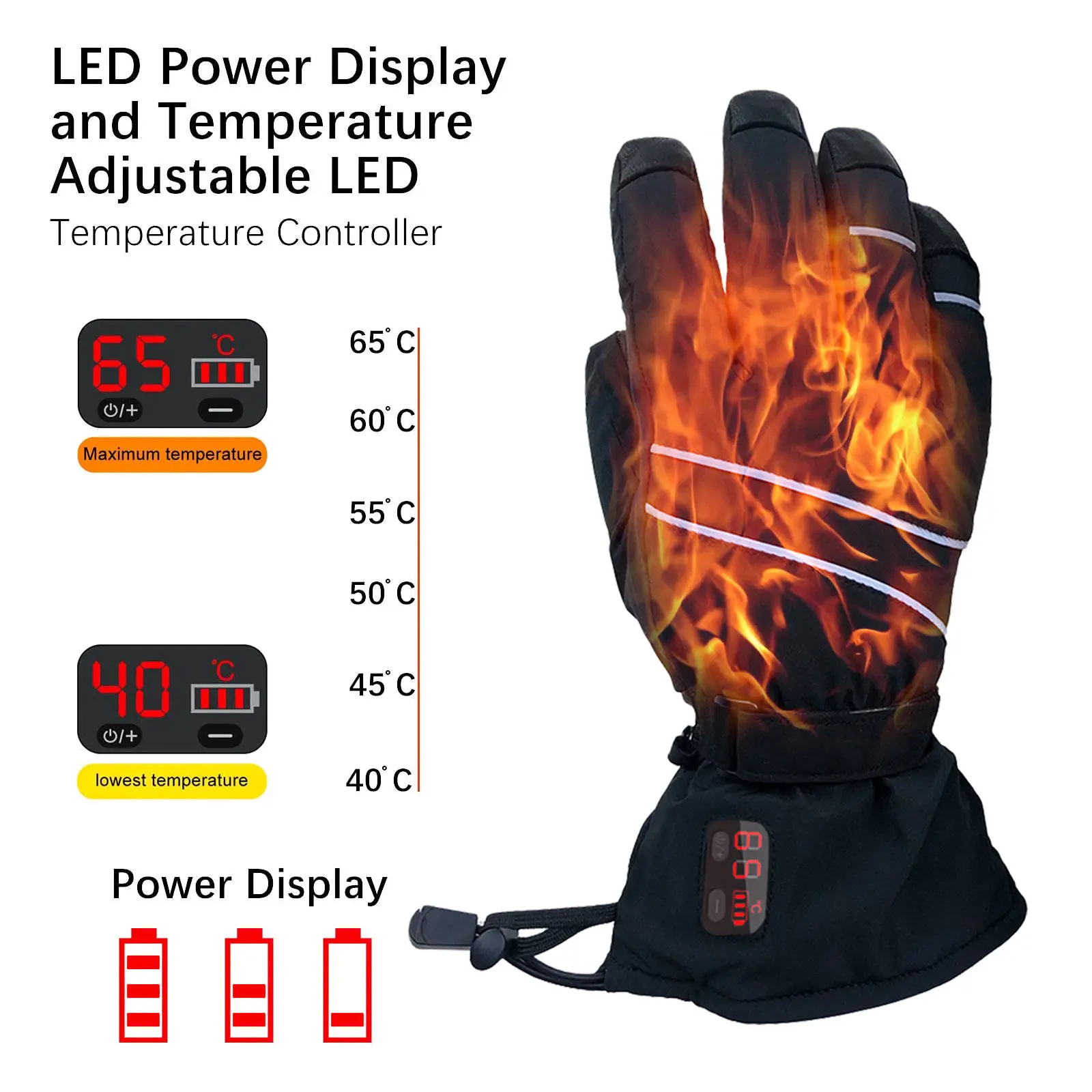 Electric rechargeable heated gloves for skiing heating gloves with LED temperature display for cycling motorcycle hiking