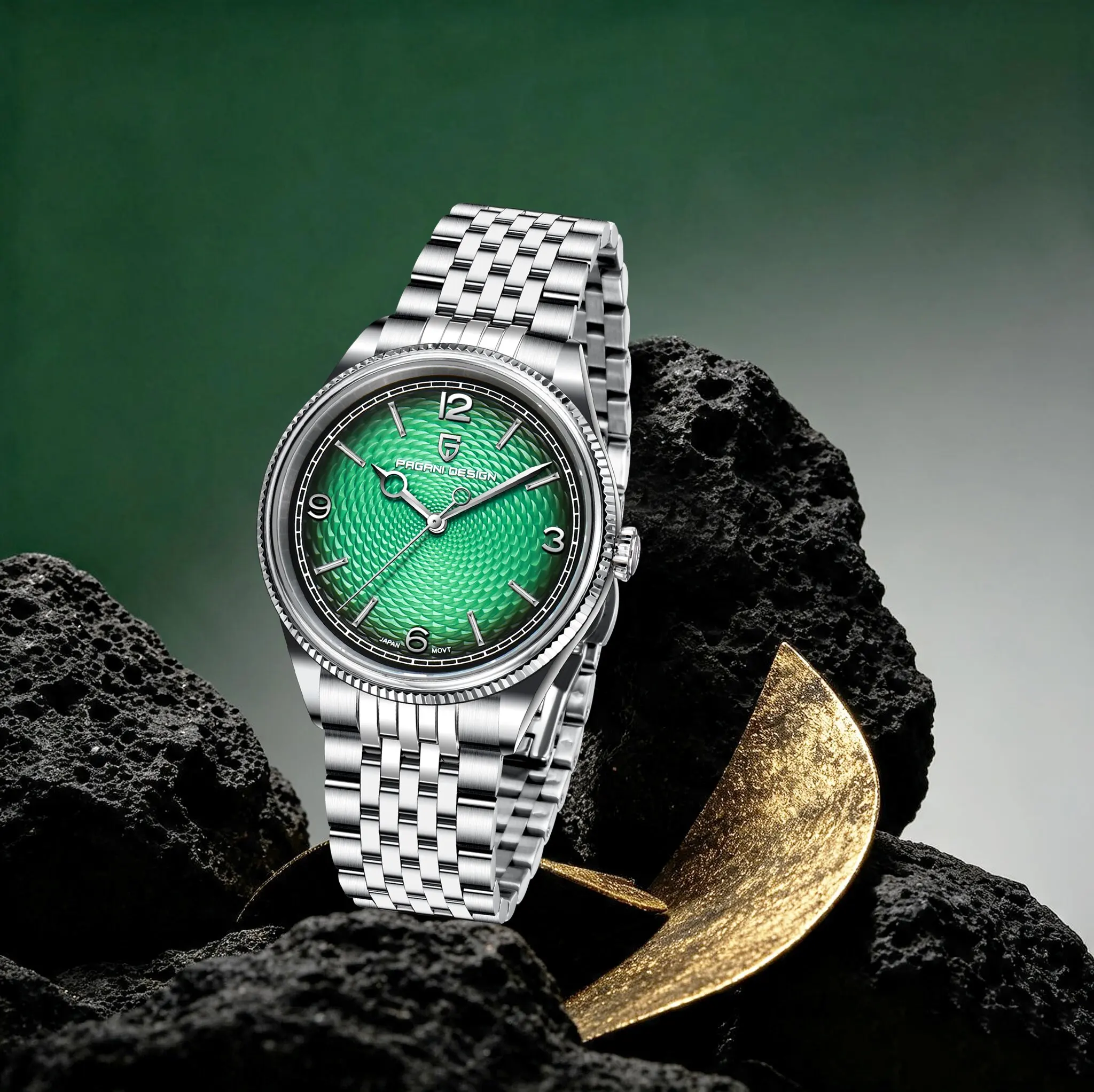 PAGANI DESIGN Luxury Men Quartz Wristwatch Wave Textured Green Dial VH31 Sapphire Stainless Business Formal Dress Watch For Men