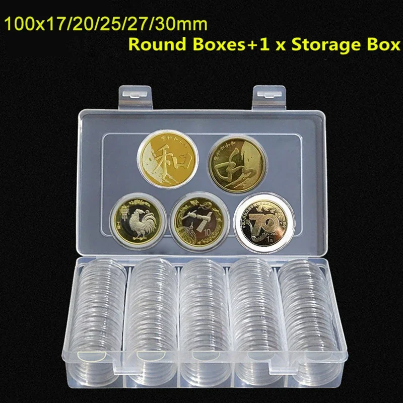 100 Stück Münzkapseln, 30/50 mm, mit Schaumstoffdichtungen und Kunststoff-Aufbewahrungsbox, passend für Münzen der Größen 17/20/25/27/30 mm, ideal für Münzsammler.