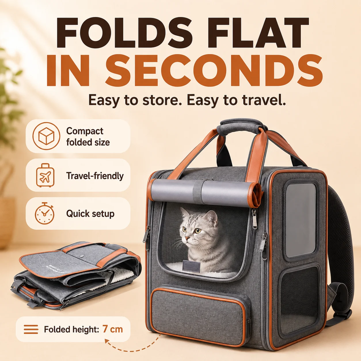 Moorpet Foldable Pet Backpack, Large‑Capacity Portable Travel Carrier, Dual‑Use Shoulder & Hand Bag for Cats & Small Dogs