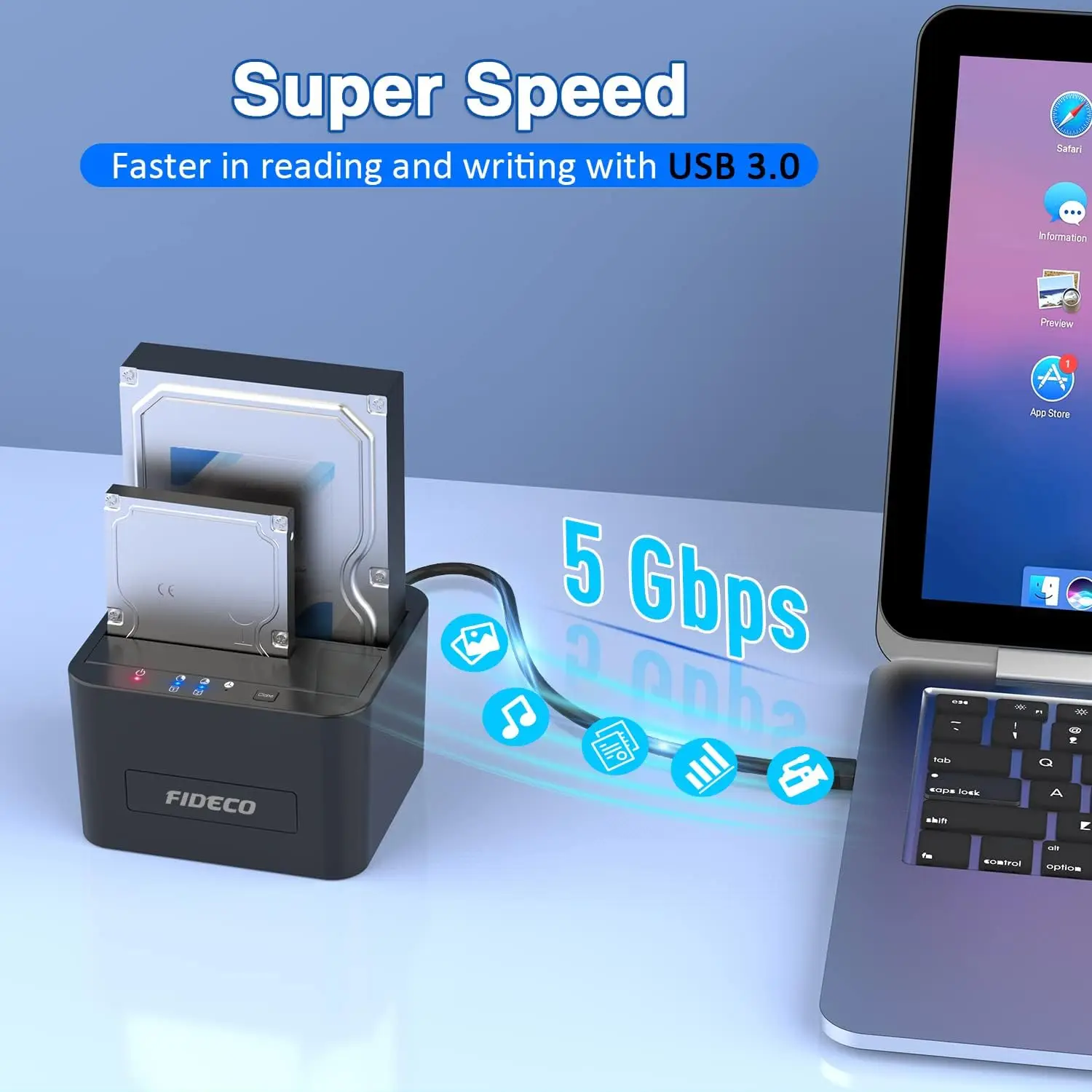 FIDECO Dual Bay غير متصل الاستنساخ USB 3.0 5Gbps 2.5 3.5 بوصة HDD SSD 1 إلى 1 الناسخ SATA ABS استنساخ محطة الإرساء