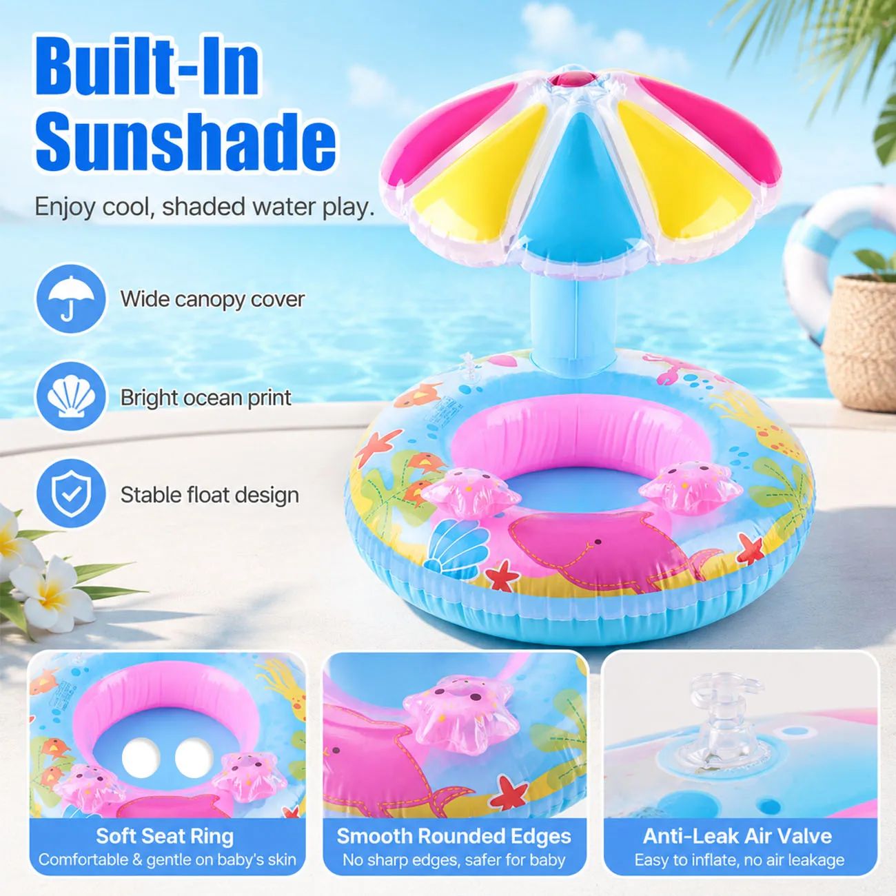 1PC Inflatable Sun Shade Pool Float with Canopy, Swimming Ring Float Chair, UV Protection, Beach Outdoor