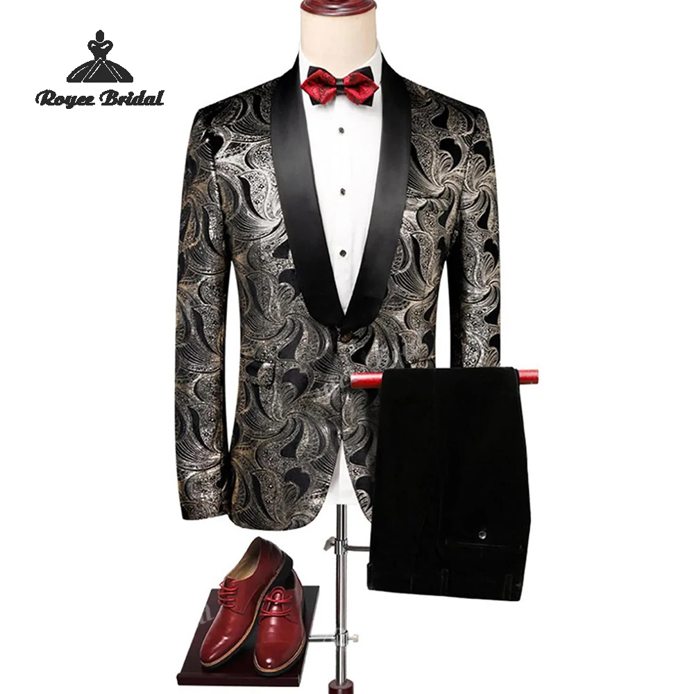 Black Silver Printed Two Piece Single Breasted Men's Suit Wedding 2026 Shawl Lapel Evening Suit Customized trajes para hombre