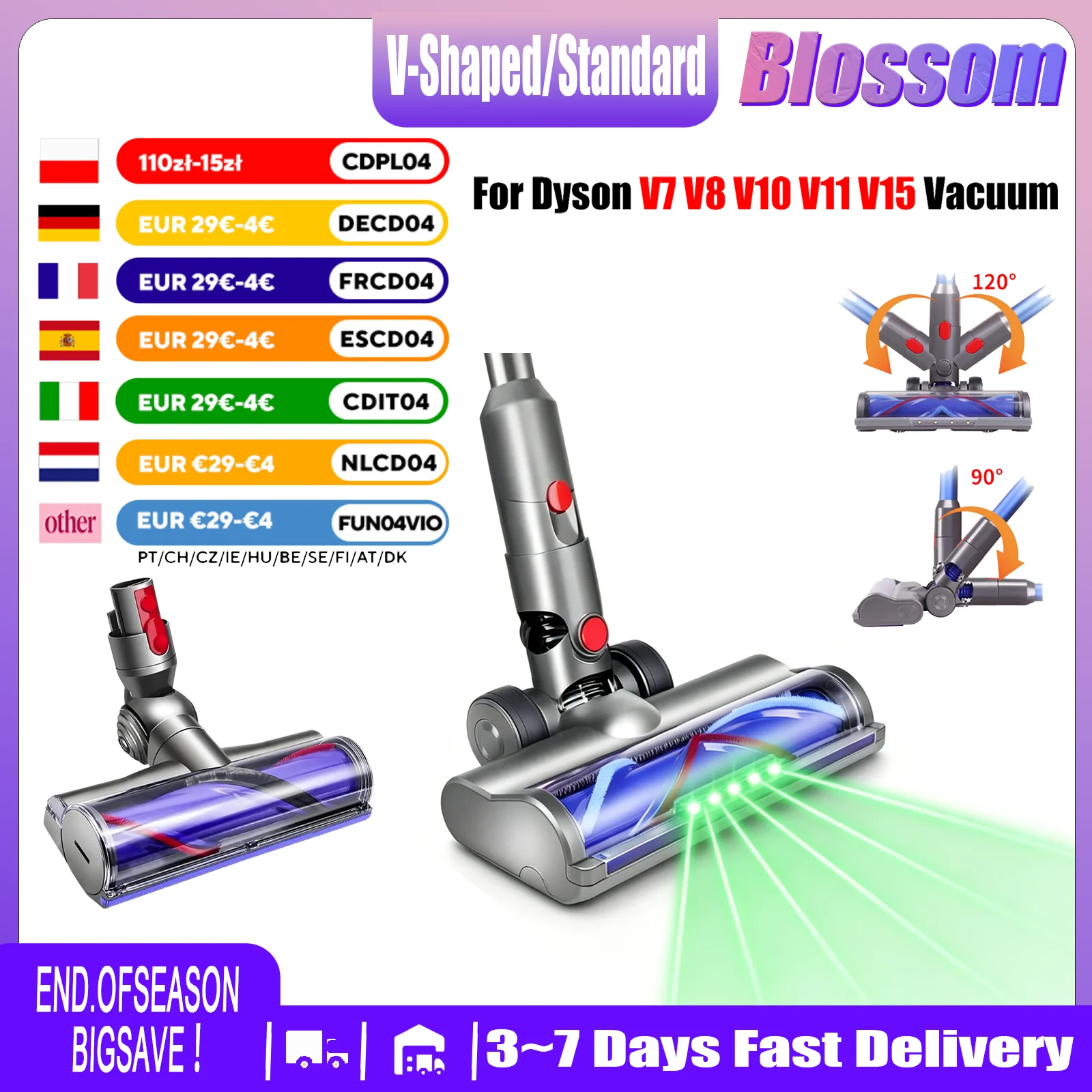 Tête d'aspirateur en forme de V/standard pour Dyson V7 V8 V10 V11 V15 | Accessoire d'aspirateur portatif de brosse de rouleau de tapis de sol