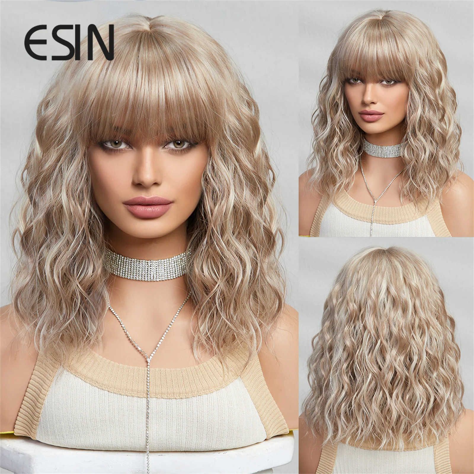 

ESIN Synthetic Light Khaki Wavy Bob Wigs Medium Long Loose Body Wave Wig with Bangs Cosplay Daily Natural Wigs for Women