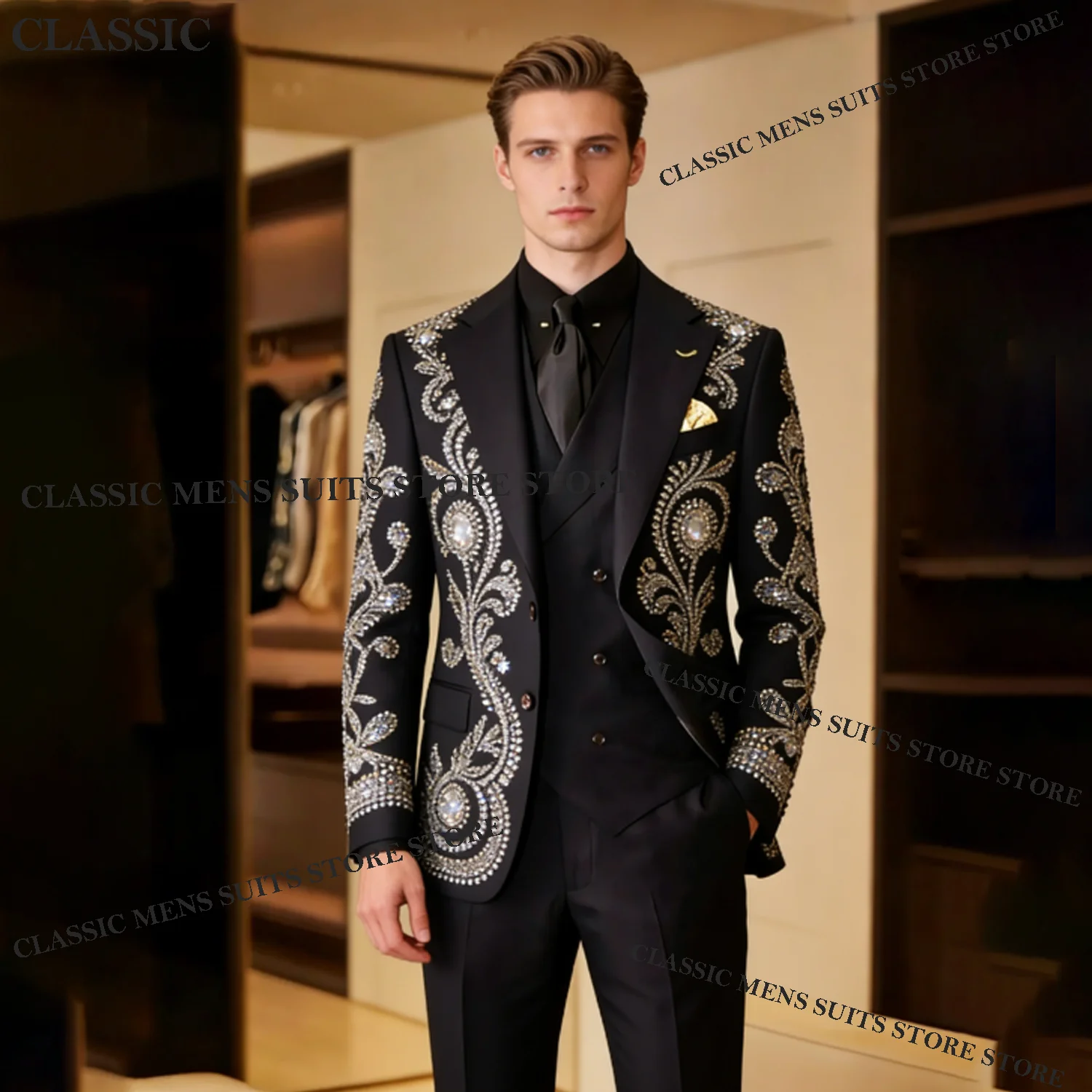 

Customized Crystal Diamond For Men Suit High Quality Sequin 2 Pieces Groom Male Blazers Ropa hombre Glitter Slim Wedding Tuxedos