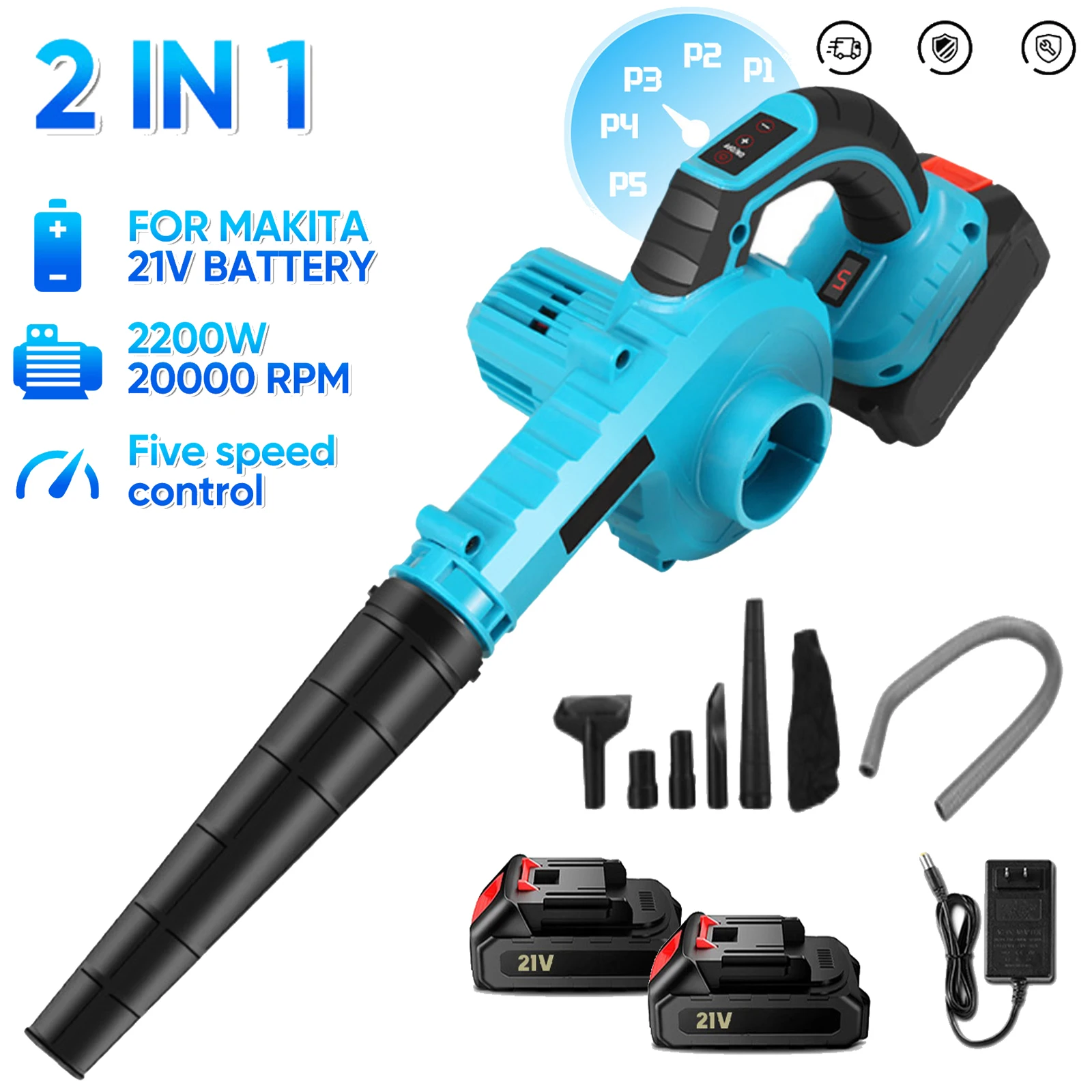 21V Cordless Electric Air Blower&Suction Leaf 2in1 5 Speed Lightweight Handheld Dry Leaf Sawdust Garden Vacuum Cleaner Power Too