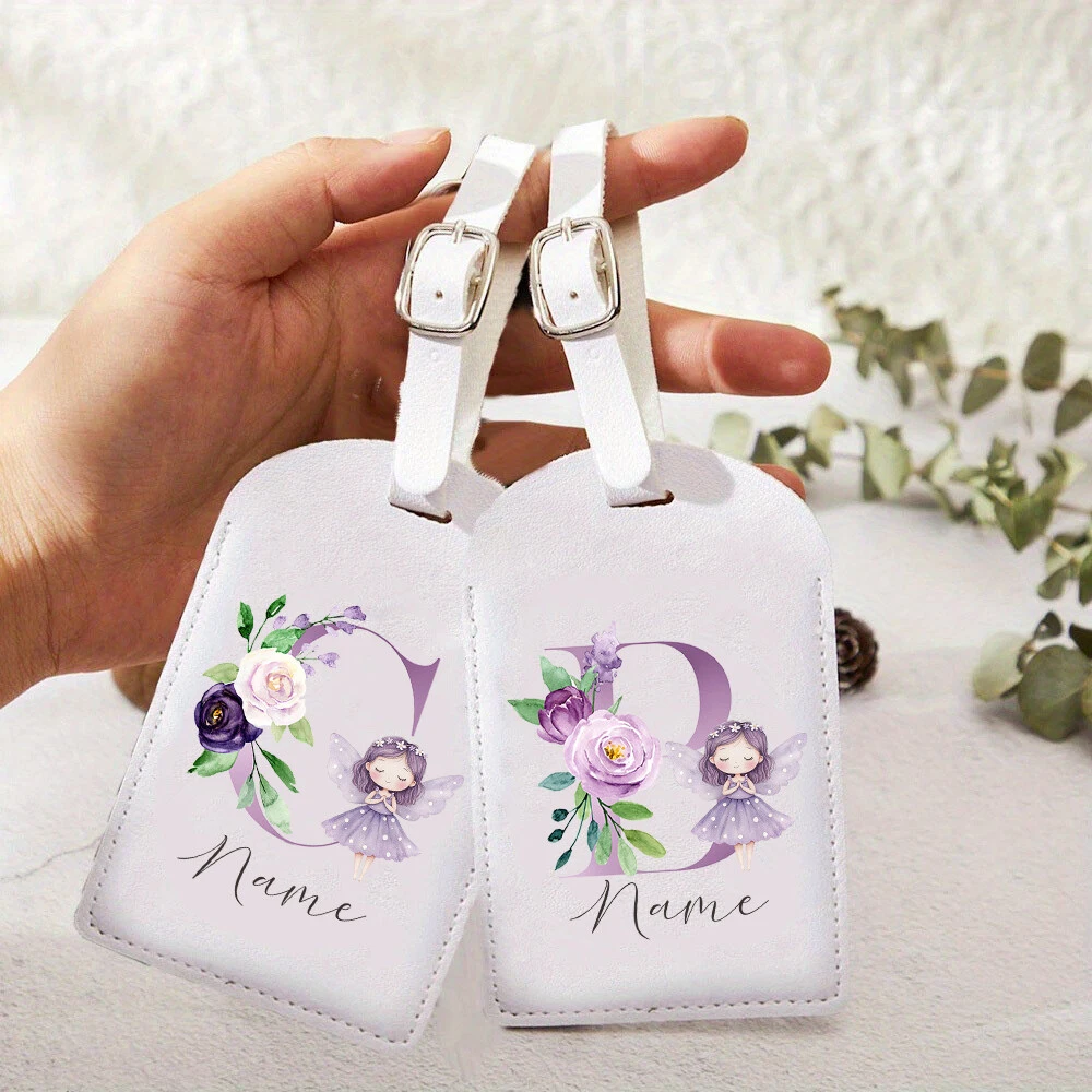 Étiquette de bagage personnalisée en PU, motif Fée des fleurs, impression de lettres tendance, étiquette de bagage avec monogramme, étiquette de bagage avec nom personnalisé
