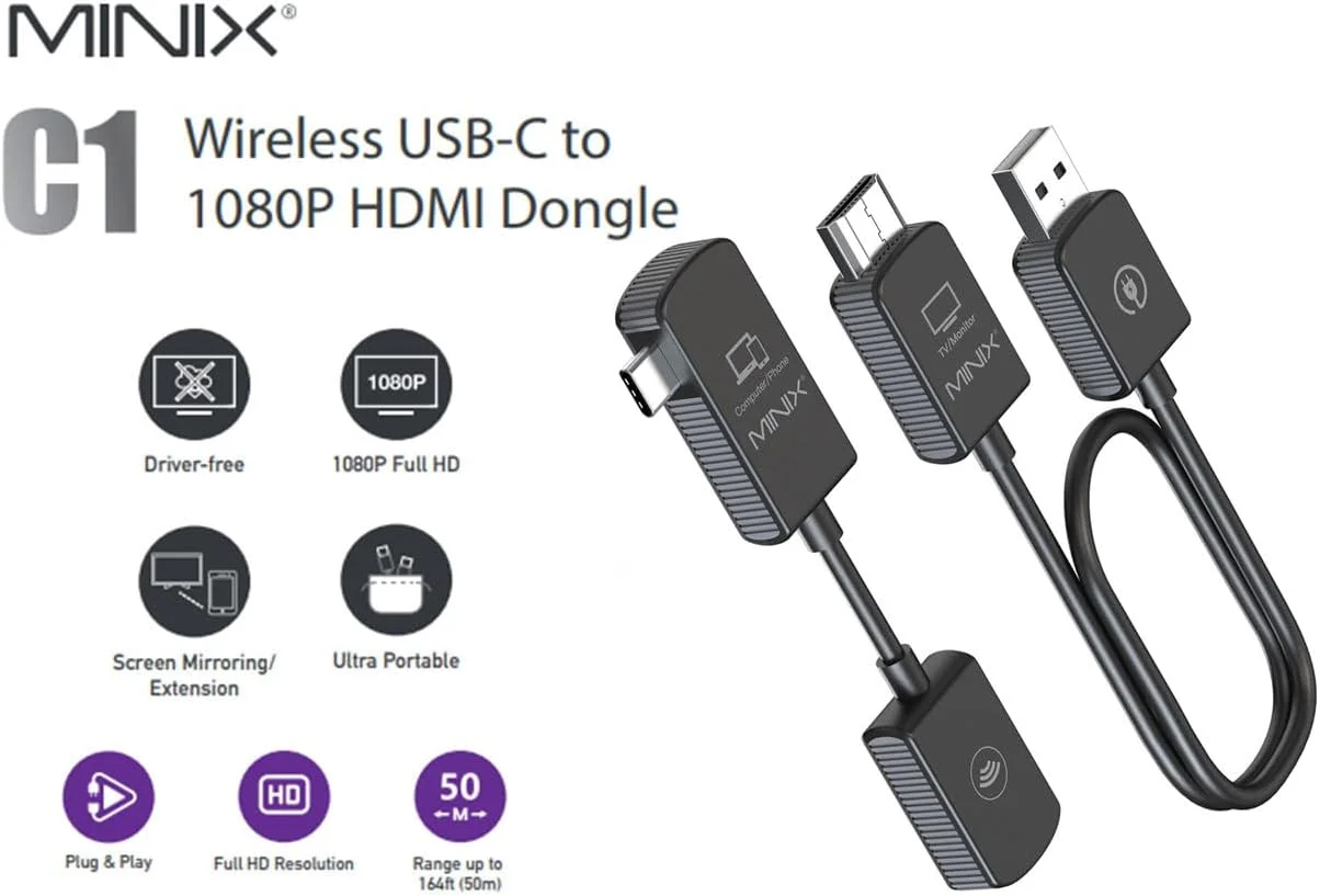 

Беспроводной USBC передатчик и HDMI приемник MINIX C1 plus для потокового видео, подходит для iphone/ноутбука/ПК/ТВ-приставки/проектора