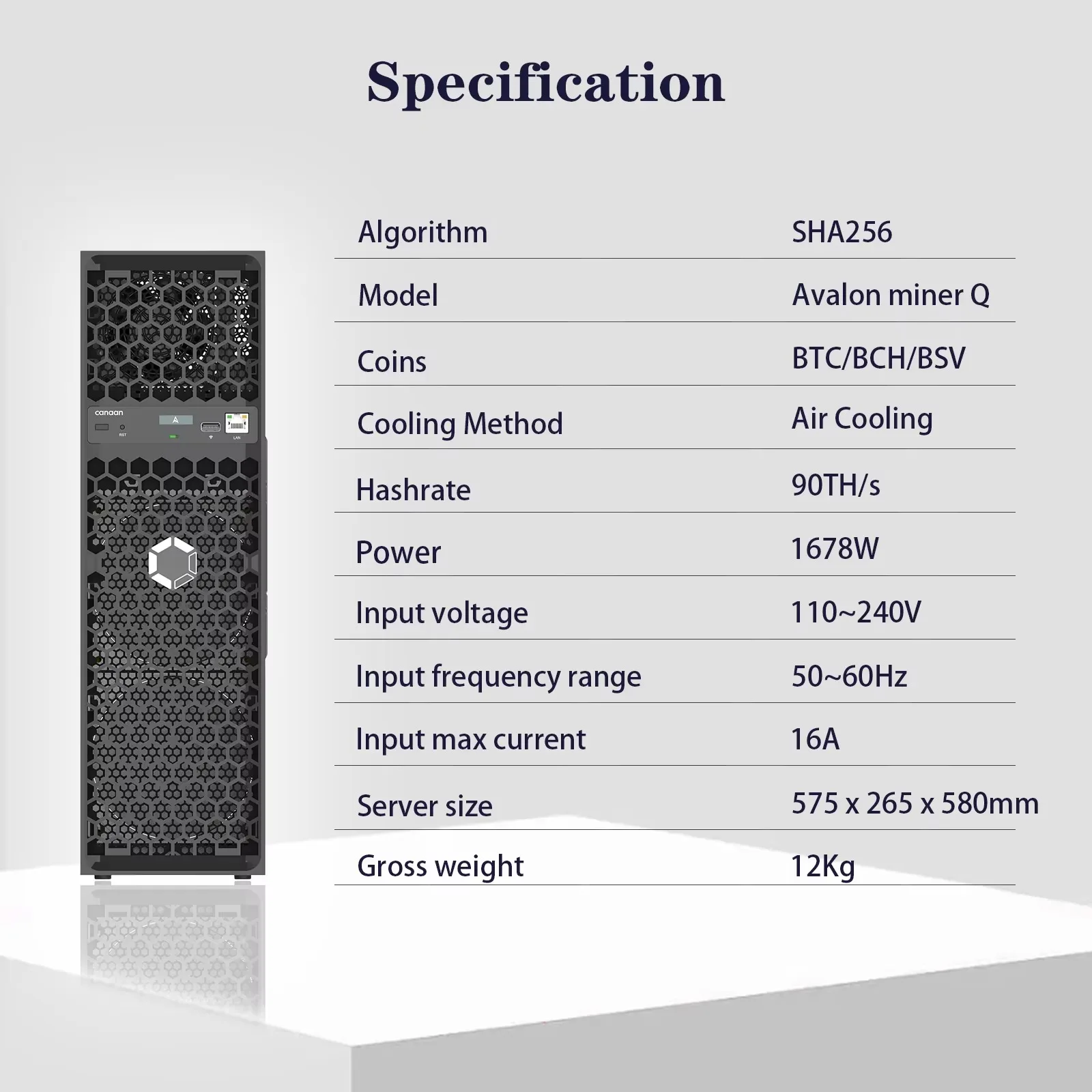 Quiet Home Bitcoin Miner Canaan Avalon Q 90TH/s 1674W SHA-256 ASIC Mining Rig
