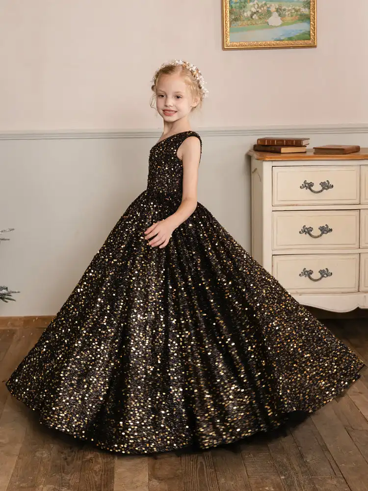 Girls' One Shoulder Sparkle Sequins Dress, Tule, Flower Girl Dresses, Zipper simples, Vestido de festa, Kids Formal Wear, Vestidos de casamento