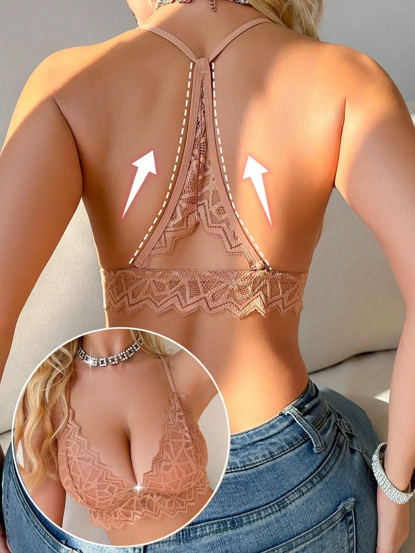 Floral Lace V Neck Bralette Women Adjustable Thin Straps Wireless Lace Bra Scalloped  Edge Light Support Daily Underwear S-XL