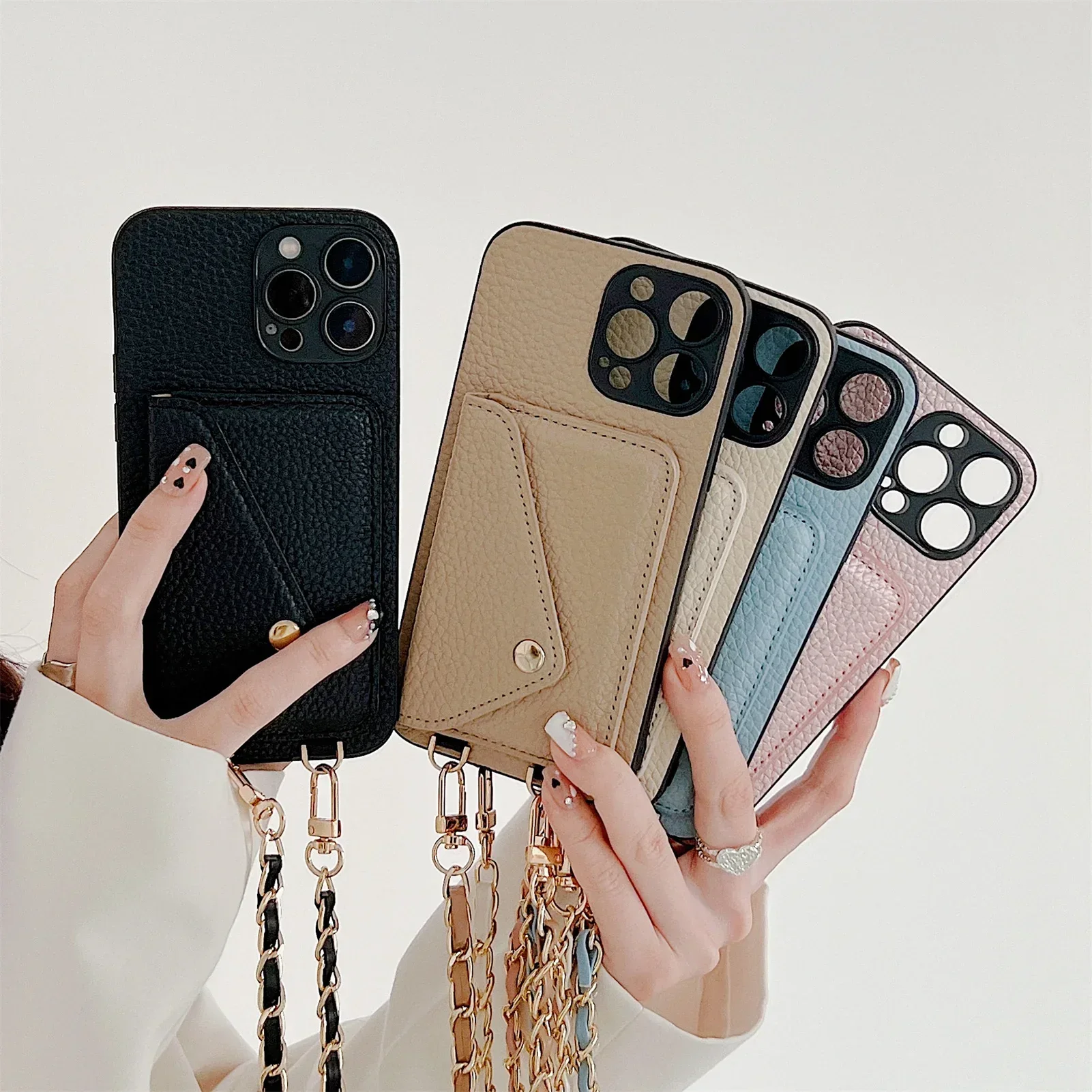 Telefoonhoesje met crossbody-tas, kaarthouder en kettingriem voor iPhone 17 Air 16 15 14 13 12 11 Pro Max XR XS 8 7 - afbeelding 2