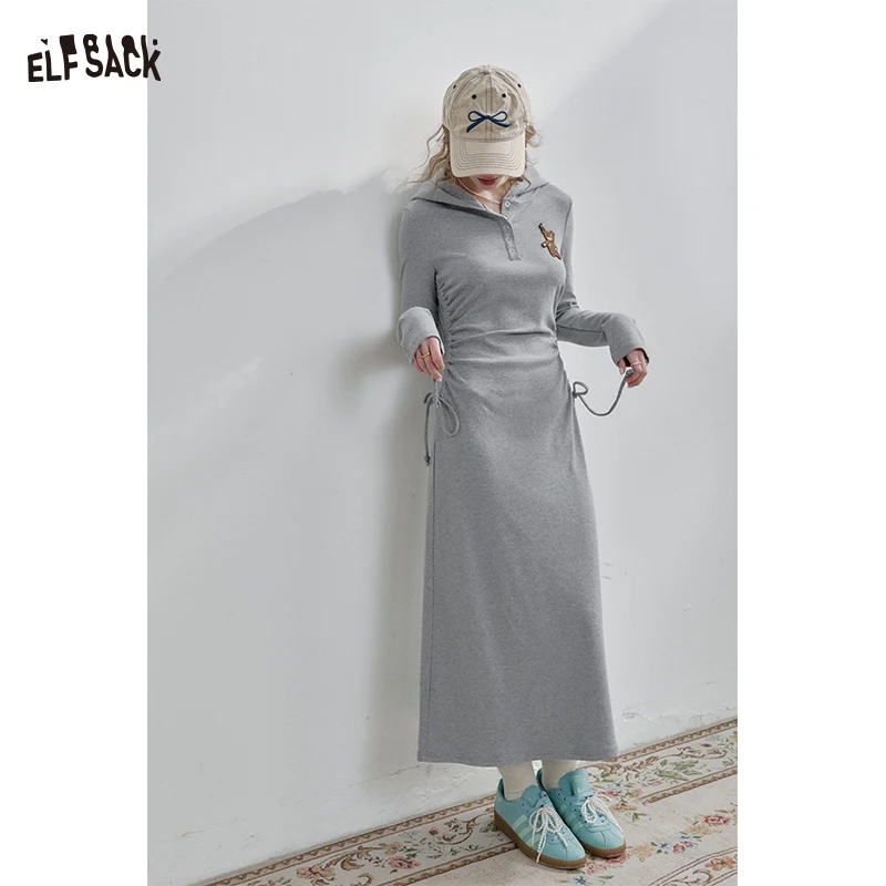 ELFSACK 2025 Spring New Arrivals Preppy Style Grey Hooded Long T-shirt Dress Women's Waist Drawstring Pleated Dress