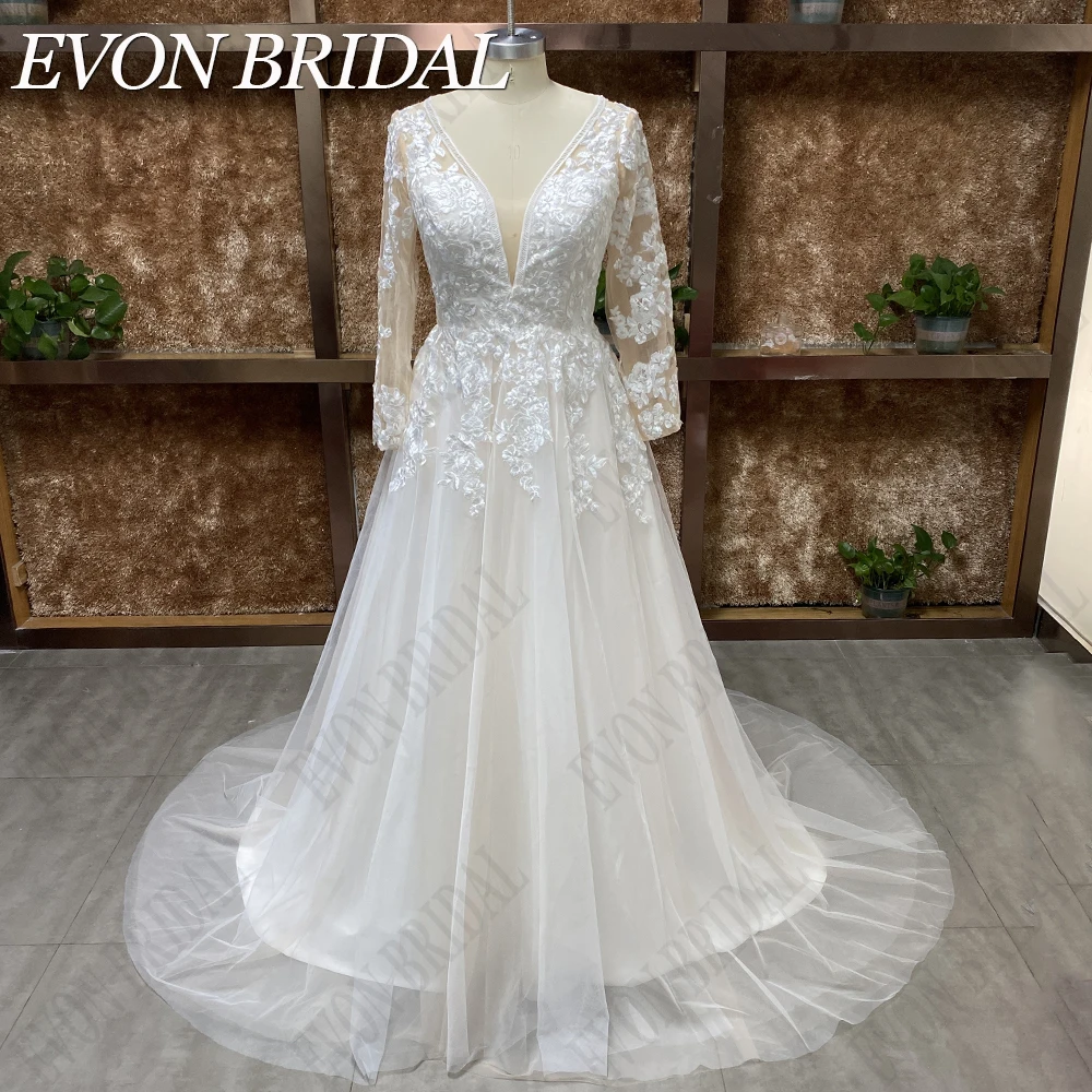 EVON BRIDAL 라이트 샴페인 웨딩 드레스, 긴팔, 리얼 그림 아플리케, 레이스 백리스 신부 가운, A 라인 옅은 샴페인색 웨딩드레스 긴 소매 실사 vestidos de novia Appliques 레이스 등이 드러나는 신부 드레스 A자 맞춤 보헤미안 아사 웨딩드레스 빈티지 sukniaślubna 라이트 샴페인 웨딩 드레스 긴 소매 실제 사진 참신한 드레스 아플리케 레이스 백리스 신