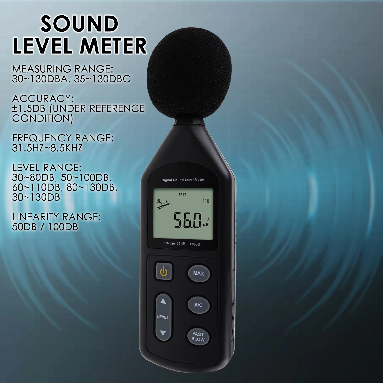 

Digital Noise Sound Level Meter 30~130dBA A / C Frequency Weighting Tool Pre-calibrated Volume Tester W/ Tripod Hole