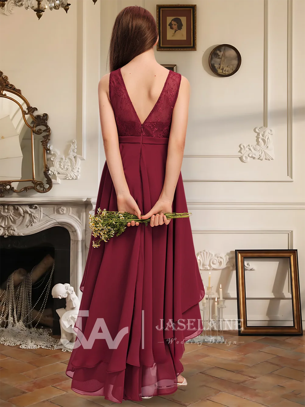 Элегантное асимметричное кружевное шифоновое платье трапециевидной формы для подружек невесты с каскадными оборками, платье с цветочным узором для девочек, свадебная вечеринка