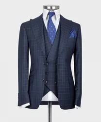 Classic Navy Blue Plaid Wedding Tuxedo Formal Groom Men Suits Slim fit 3PCS Blazer Vest Pants Business Wear Prom Party Male Suit