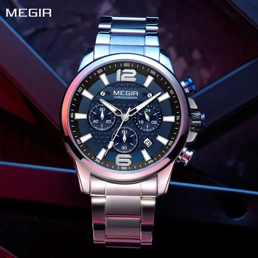 MEGIR Business Men Watch Luxury Fashion Quartz Wristwatch Luminous Waterproof Calendar Watches Stainless Steel Male Clock 2156