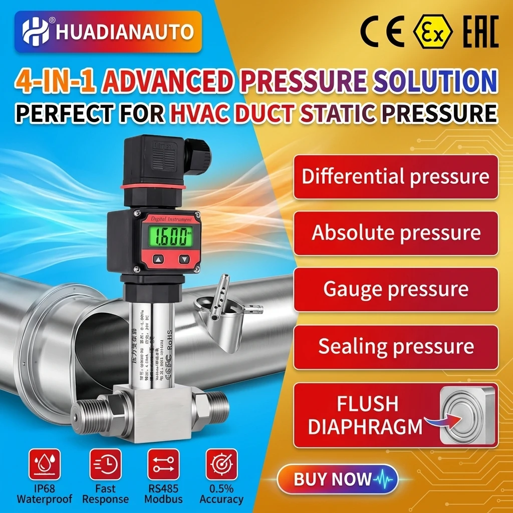 LCD Display Differential Pressure Transmitter Compact 4-20mA 0-10V HVAC Duct Static Pressure Air Filter Monitoring