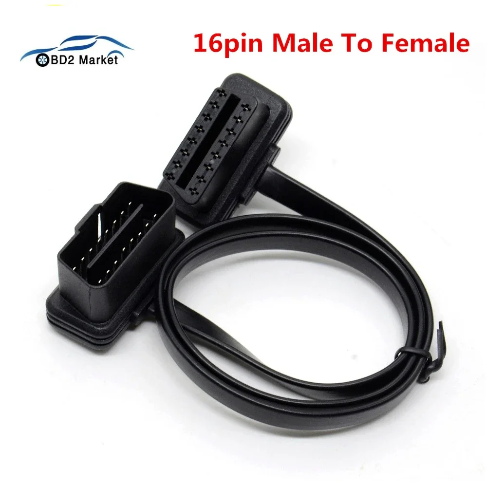 

60CM OBD2 16 Pin Flat Thin As Noodle OBD 2 16Pin ELM327 Male To Female Elbow OBDII OBD2 Extension Connector Cable 16pin