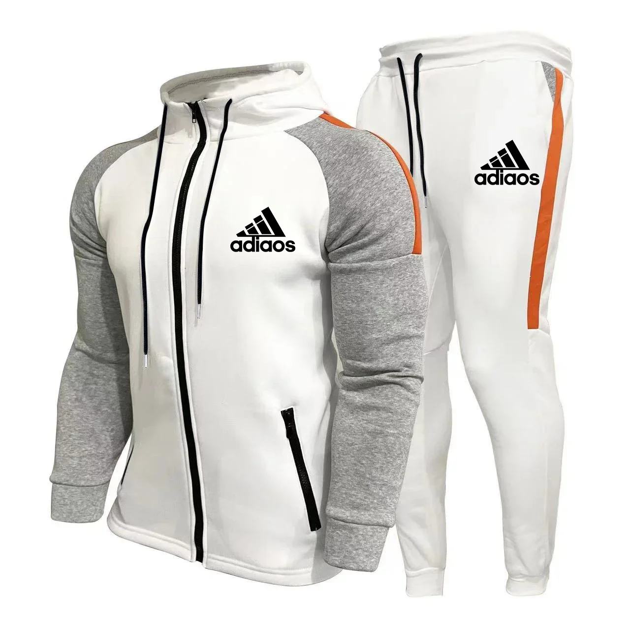 2024 Autumn And Winter Men's Hooded Sportswear Set, Contrasting Zipper Cardigan, Fashionable Sports Pants, 2-Piece Set