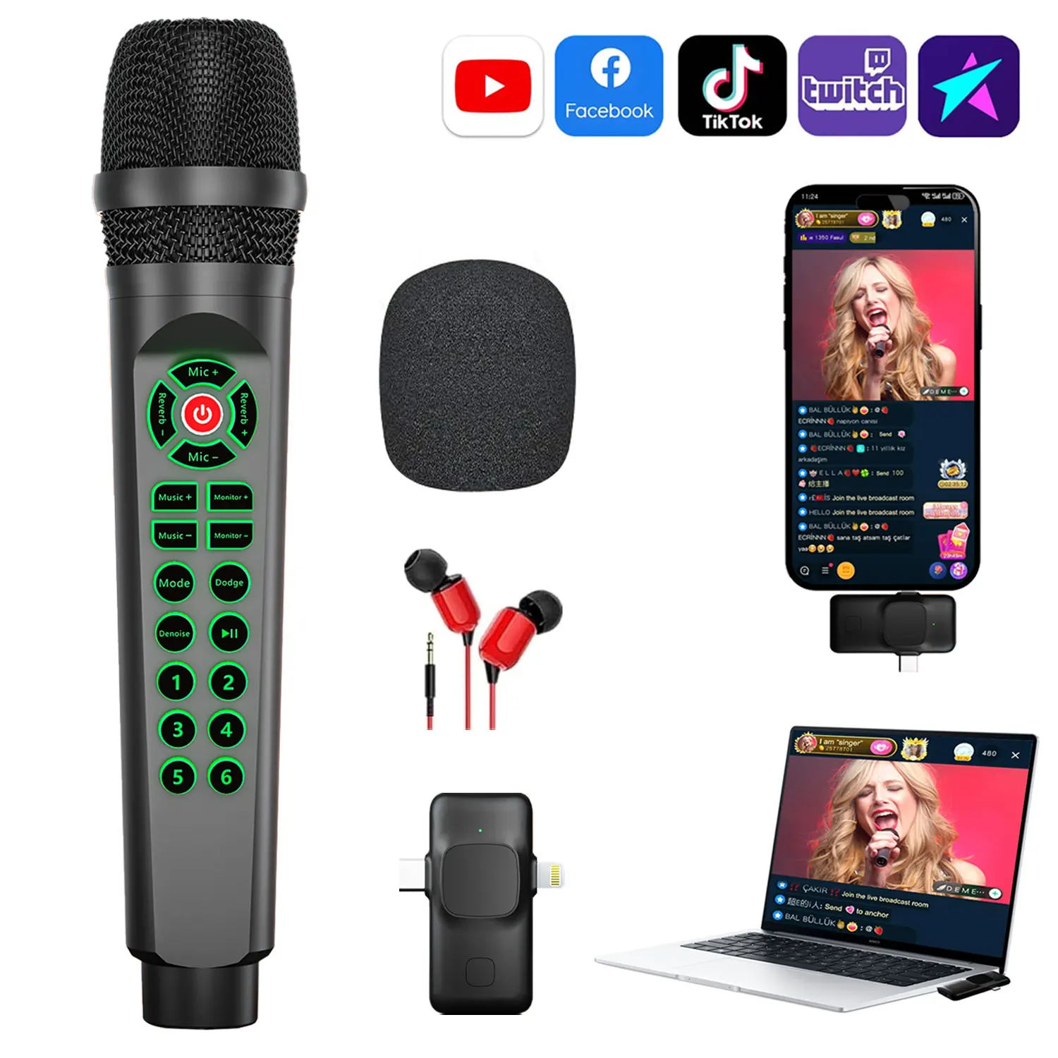 

2in1 Microphone Live Sound Card,Voice changer Noise reduction DJ Disco Audio Mixer Microphone For Living,Singing,Recording,Game