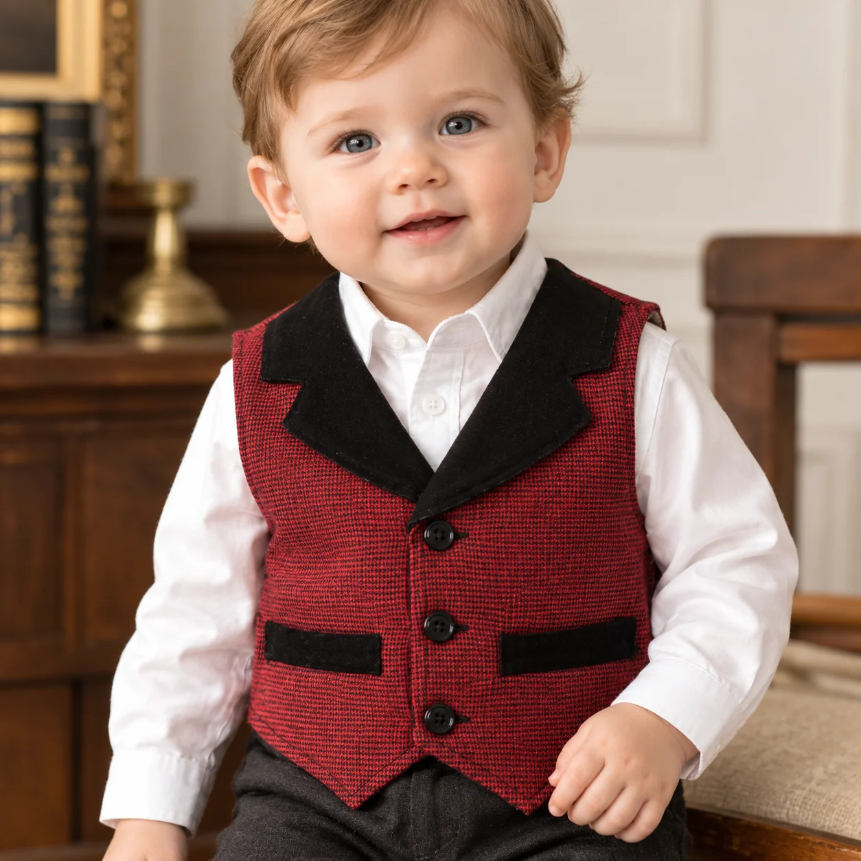 Baby Boy Plaid Vest 3-24M Classic Tuxedo Waistcoat Black Lapel Formal Party Christmas Outfit Toddler Infant School Wear