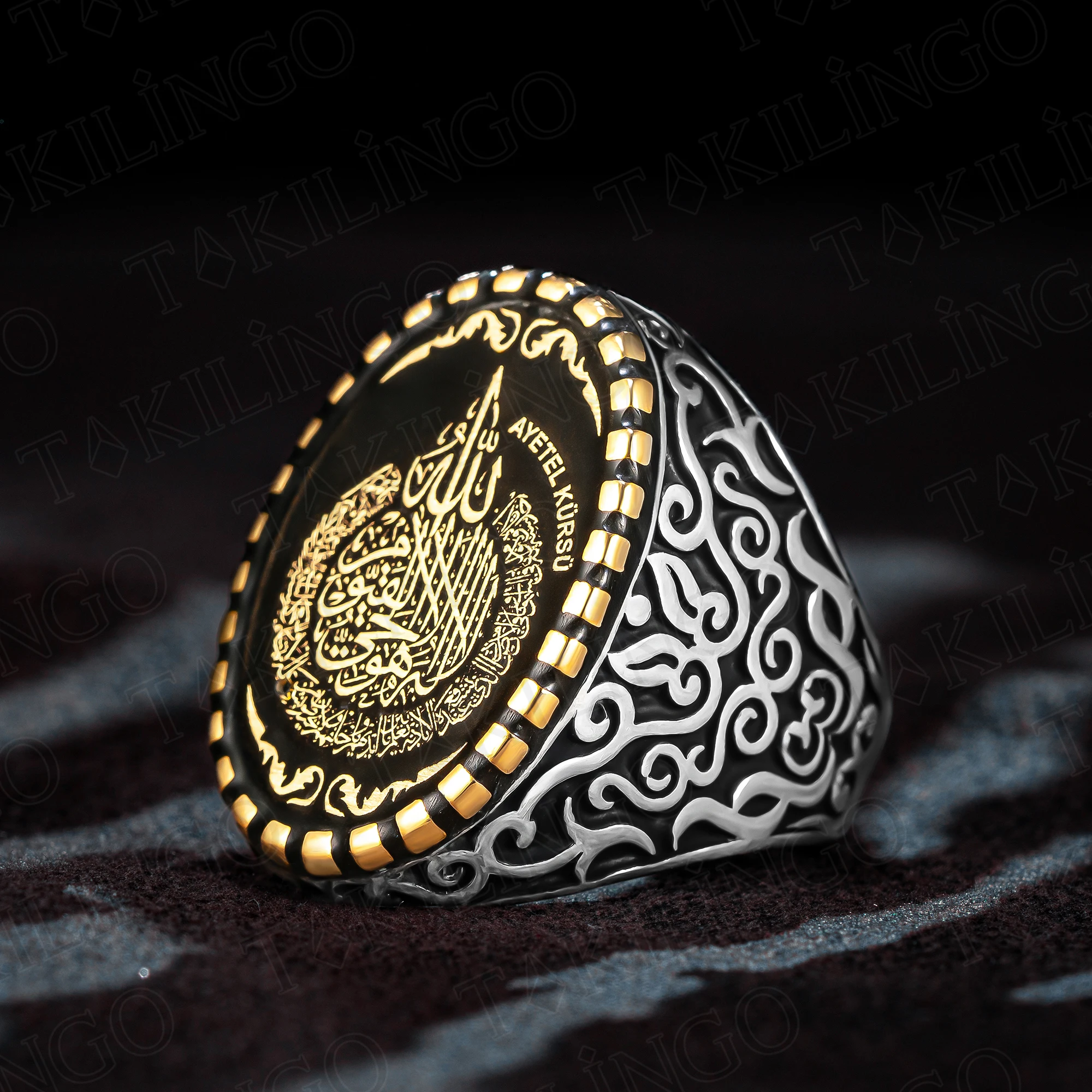 

925 Sterling Silver Ayatul Kursi Engraved Islamic Mens Ring,Islamic Gift,Black Enemaled Ring,Religious Gift for men, Muslim Ring