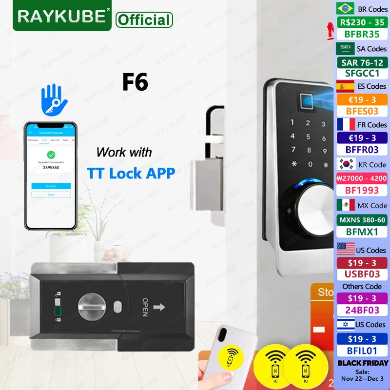 NEW RAYKUBE F6 TT Lock Bluetooth Fingerprint Deadbolt Smart Door Lock Electronic Auto Lock with Password/IC Card/Key/APP Unlock