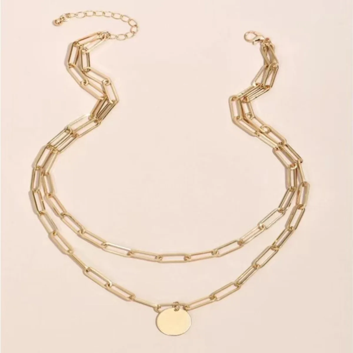 Choker Necklaces Gold Color Round Coin Pendant Necklace Square Shaped Link Chain Double Layered Necklaces Set For Women image 4