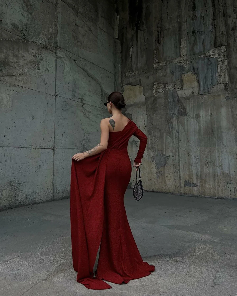 Msikoods Elegant One Shoulder Red Prom Dress With Draped Train Mermaid Evening Dress Bespoke Women Party Events Gown Customized