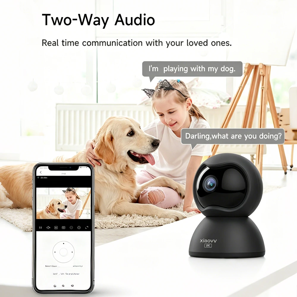 XIAOVV Smart HomeSecurity Camera, 2K Pet Dog Indoor Security Baby Camera, 2.4GHz WiFi,AI Human Detection, 360° Pan & Tilt, 2-Way
