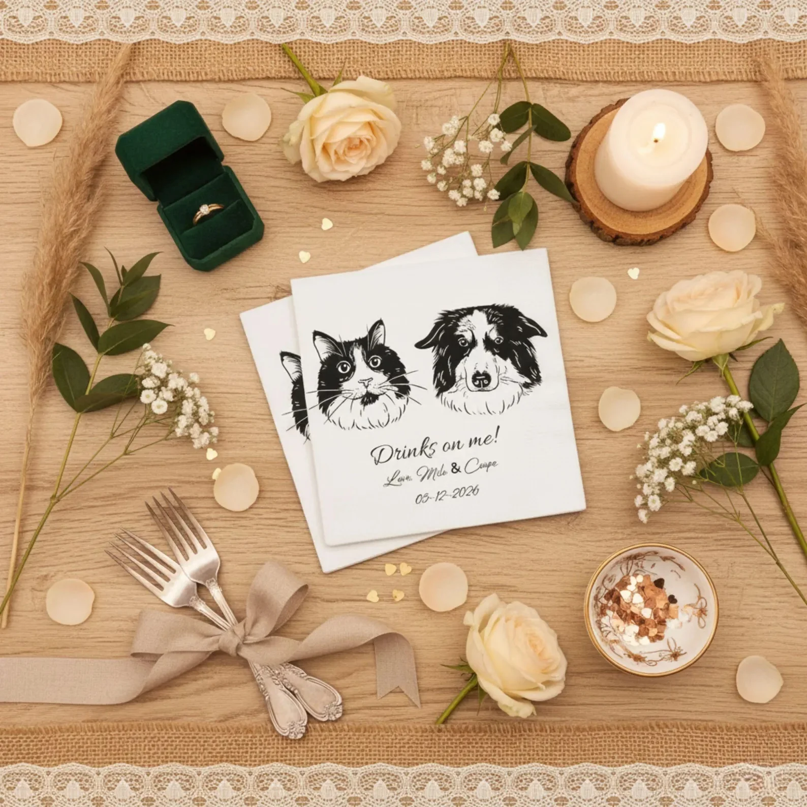 50pcs Custom Pet Portrait Cocktail Napkins, Wedding, Party