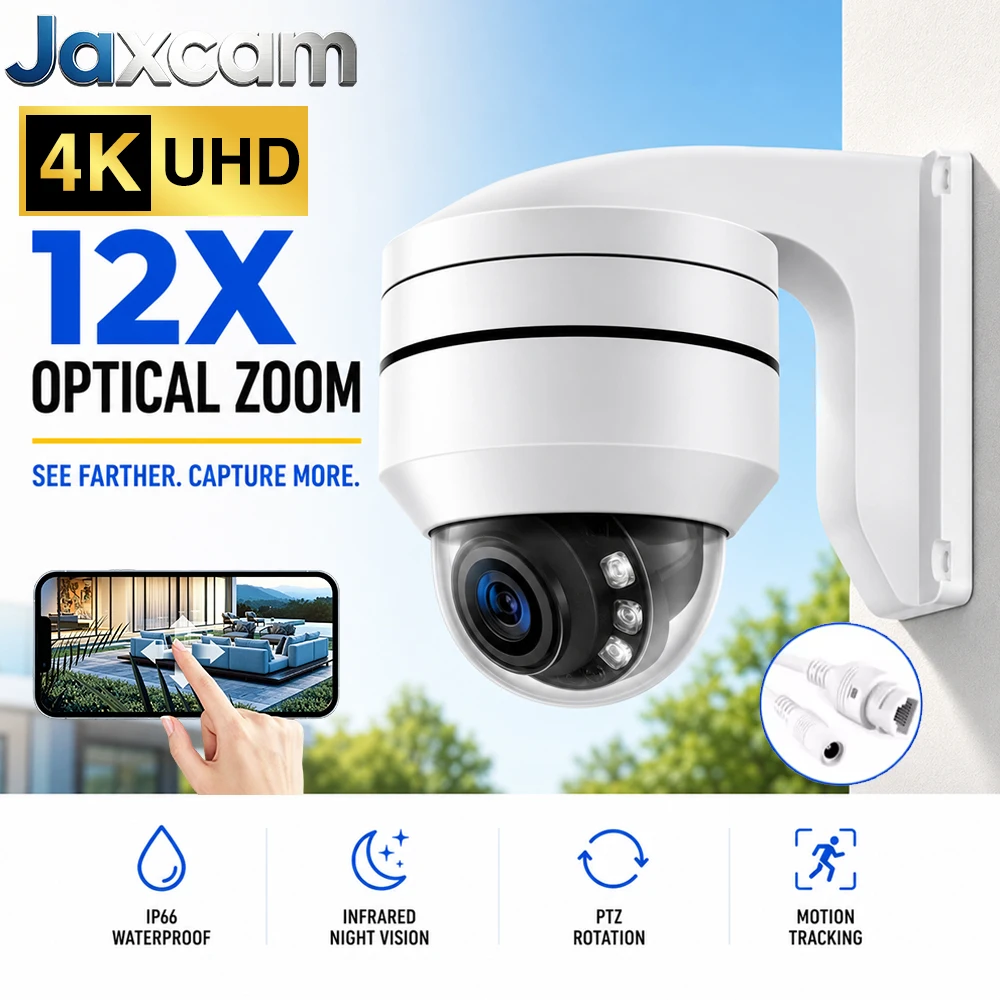Caméra de sécurité anti-explosion PoE 4K 8MP avec zoom optique 12X, surveillance extérieure PTZ, étanche IP66, détection de mouvement, vision nocturne IR
