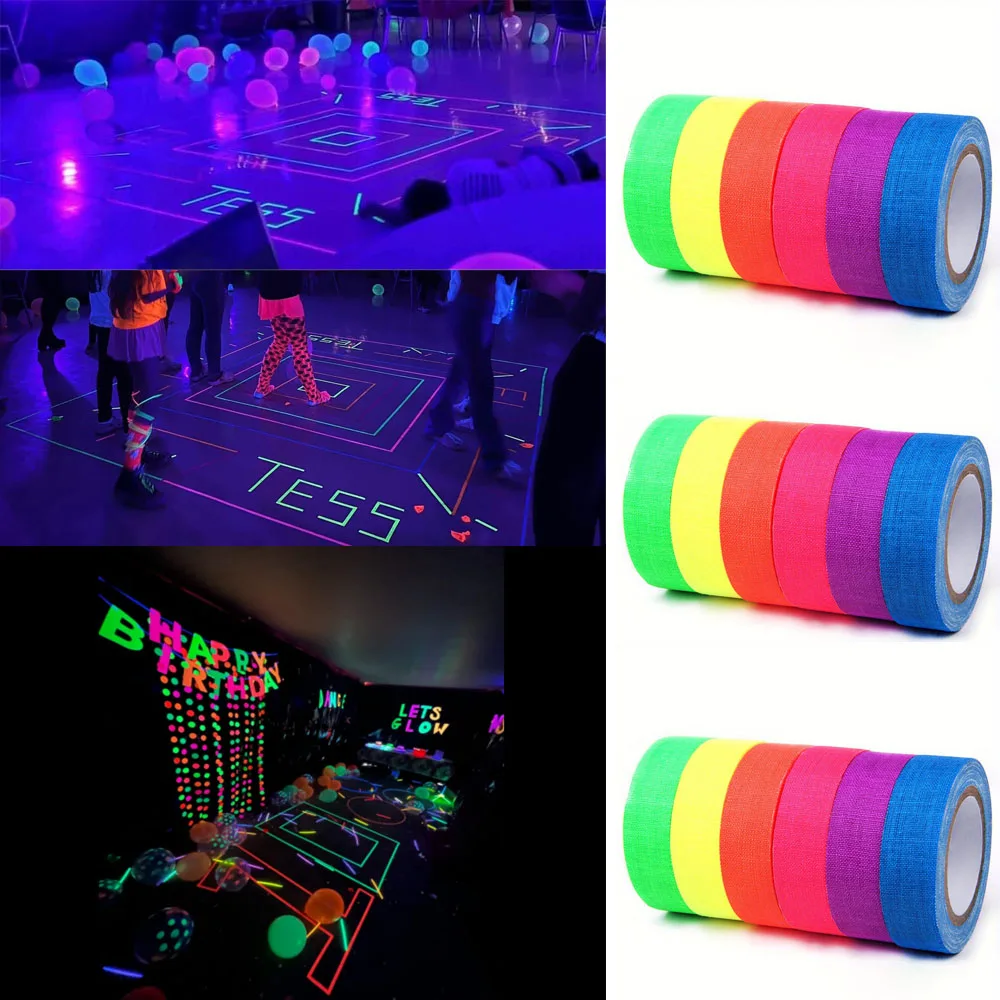 96Pack UV Blacklight Reactive DIY 6 Color Fluorescent Cloth Tape Colorful Neon Gaffer Reflective Adhesive Glow in the Dark Tape