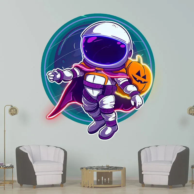 Astronaut and Pumpkin Good Friends LED Neon signs, Blue Glass Bubble Background Decoration Light, Creative Home Night Lights