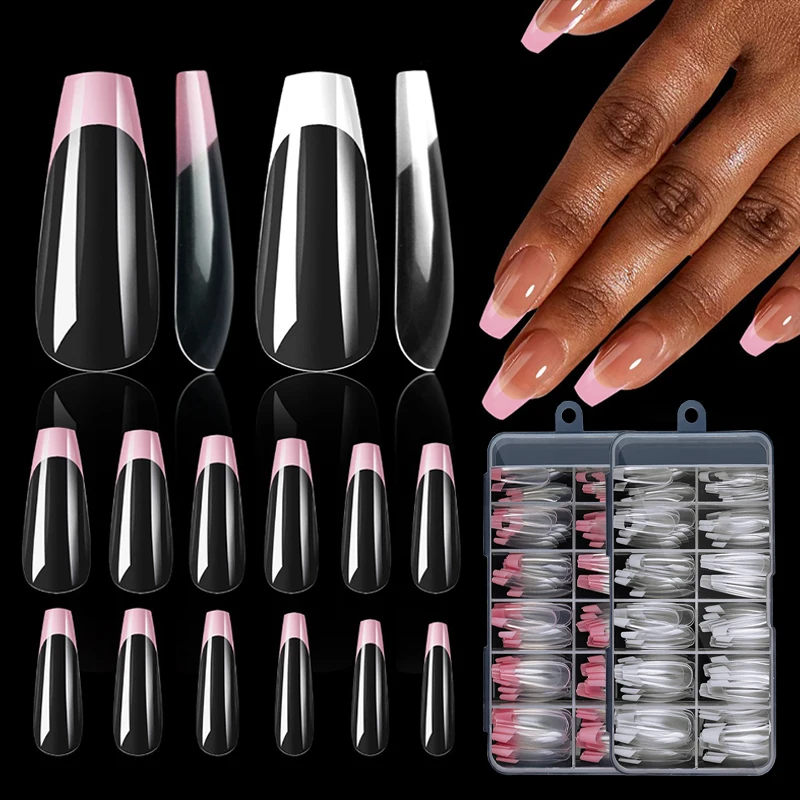 120Pc-Rose Red French Tip Press on Nails Long Coffin Fake Nails Nude Glossy Pink Square False Nails Acrylic Reusable Ballet Nail