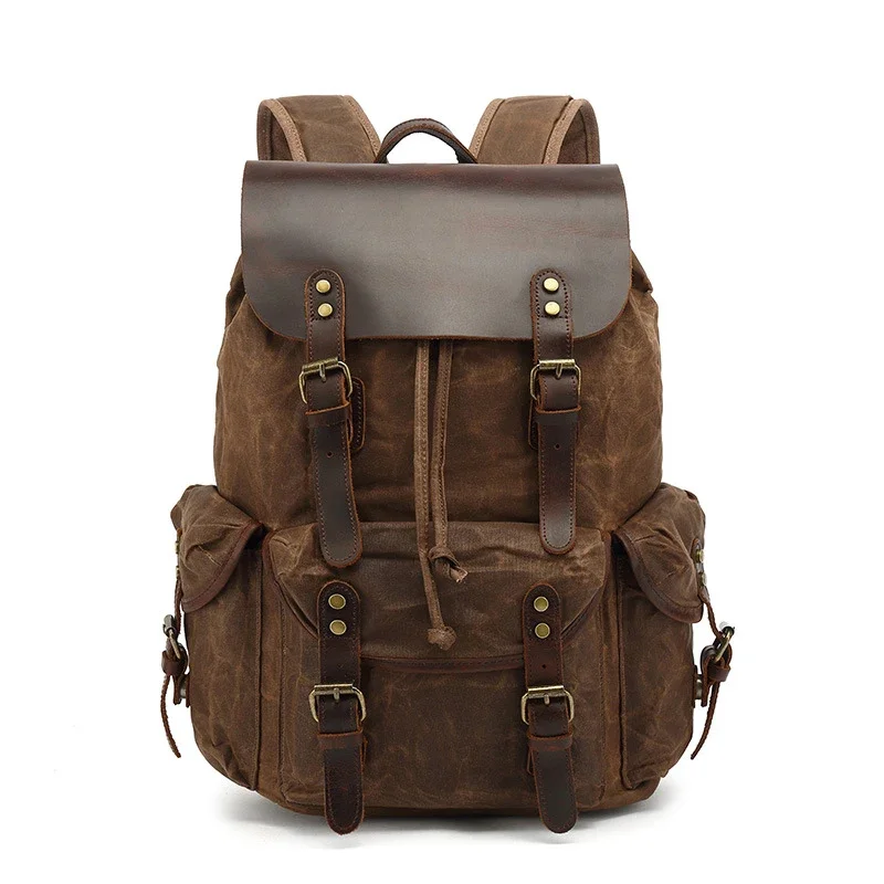 Plecaki płócienne na co dzień z wosku olejnego Vintage wodoodporna torba podróżna o dużej pojemności kobiety Mochila skórzany plecak na laptopa ze sznurkiem — zdjęcie 2